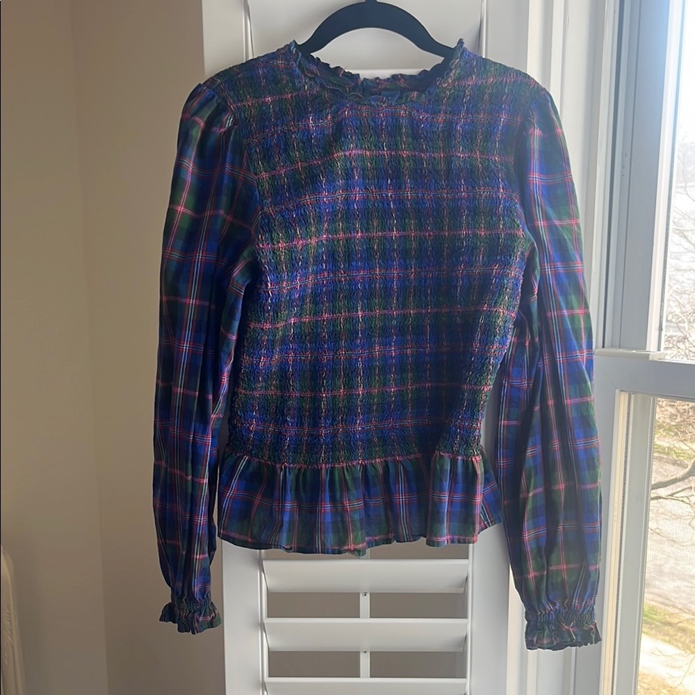 Old Navy Blue Plaid Smocked Peplum Blouse